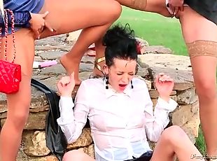 Lesbian pissing threesome with girls in blouses